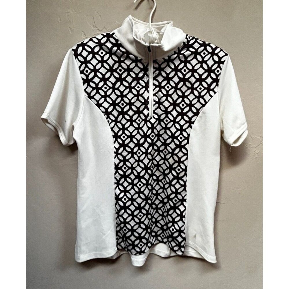 Iconic Women's Ivory Black Geometric Print 1/4 Zip Polo Shirt Sz 14 Short Sleeve